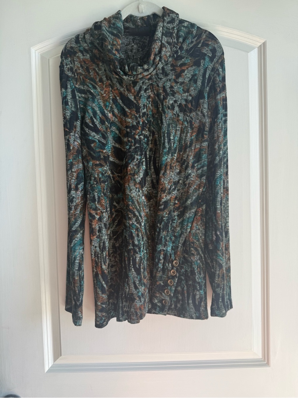 Susan Graver Teal, Brown & Black Cowl Neck Long Sleeve Tunic Top
